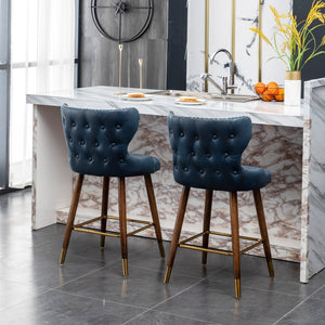 English Elm Nevis Mid-century Wingback Counter Stools Tufted Faux Suede Nailhead Walnut Legs Set Blue T2574P165097