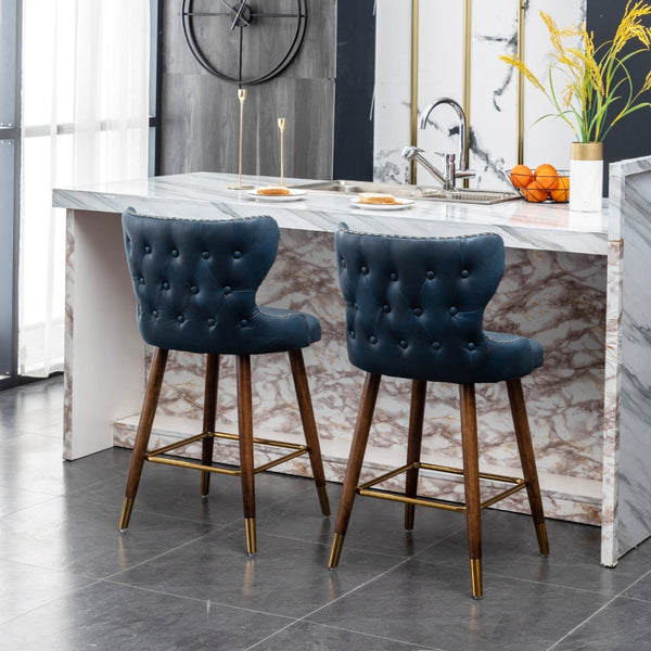English Elm Nevis Mid-century Wingback Counter Stools Tufted Faux Suede Nailhead Walnut Legs Set Blue T2574P165097