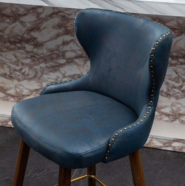 English Elm Nevis Mid-century Wingback Counter Stools Tufted Faux Suede Nailhead Walnut Legs Set Blue T2574P165097
