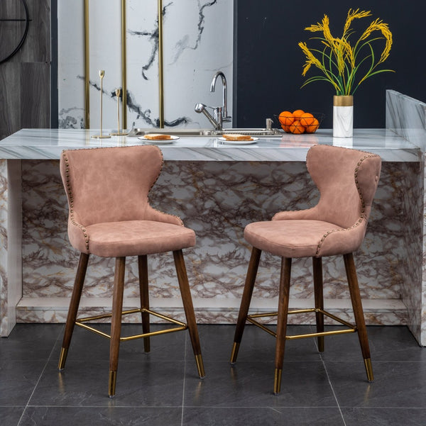 English Elm Nevis Mid-century Wingback Counter Stools Tufted Faux Suede Nailhead Walnut Legs Set Pink T2574P165098