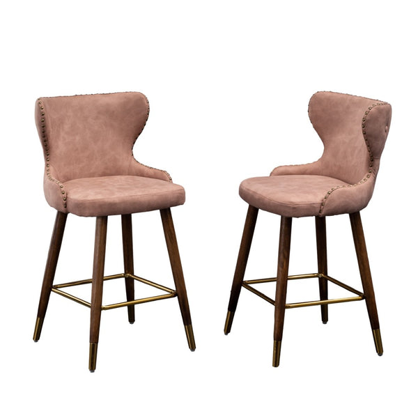 English Elm Nevis Mid-century Wingback Counter Stools Tufted Faux Suede Nailhead Walnut Legs Set Pink T2574P165098