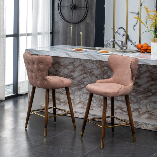 English Elm Nevis Mid-century Wingback Counter Stools Tufted Faux Suede Nailhead Walnut Legs Set Pink T2574P165098