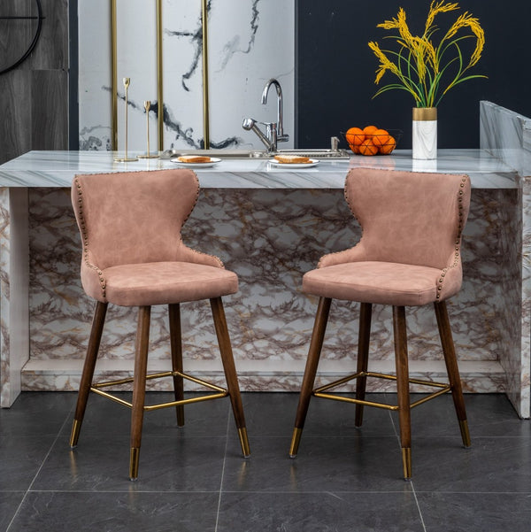 English Elm Nevis Mid-century Wingback Counter Stools Tufted Faux Suede Nailhead Walnut Legs Set Pink T2574P165098