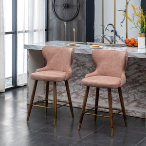 English Elm Nevis Mid-century Wingback Counter Stools Tufted Faux Suede Nailhead Walnut Legs Set Pink T2574P165098