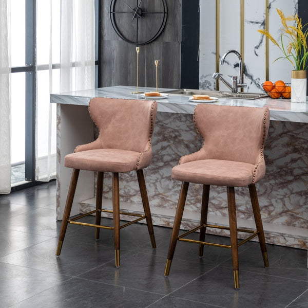 English Elm Nevis Mid-century Wingback Counter Stools Tufted Faux Suede Nailhead Walnut Legs Set Pink T2574P165098