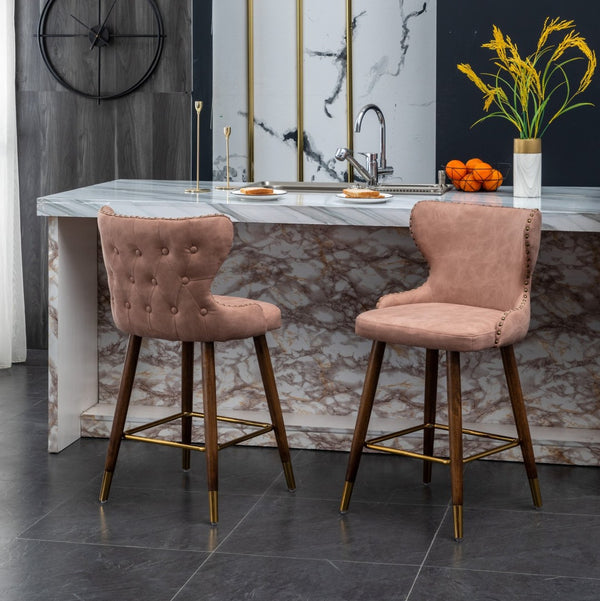 English Elm Nevis Mid-century Wingback Counter Stools Tufted Faux Suede Nailhead Walnut Legs Set Pink T2574P165098