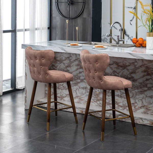 English Elm Nevis Mid-century Wingback Counter Stools Tufted Faux Suede Nailhead Walnut Legs Set Pink T2574P165098