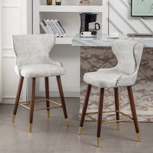 English Elm Nevis Mid-century Wingback Counter Stools Tufted Faux Suede Nailhead Walnut Legs Set Off-White T2574P165099