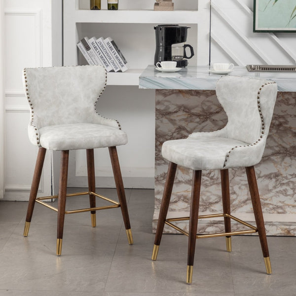English Elm Nevis Mid-century Wingback Counter Stools Tufted Faux Suede Nailhead Walnut Legs Set Off-White T2574P165099