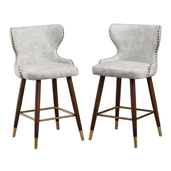 English Elm Nevis Mid-century Wingback Counter Stools Tufted Faux Suede Nailhead Walnut Legs Set Off-White T2574P165099