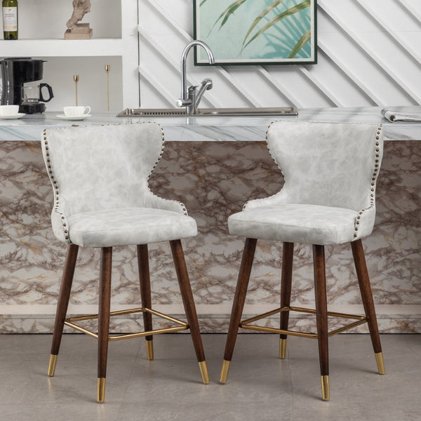 English Elm Nevis Mid-century Wingback Counter Stools Tufted Faux Suede Nailhead Walnut Legs Set Off-White T2574P165099