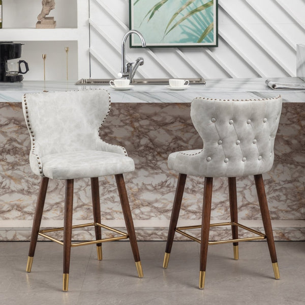 English Elm Nevis Mid-century Wingback Counter Stools Tufted Faux Suede Nailhead Walnut Legs Set Off-White T2574P165099
