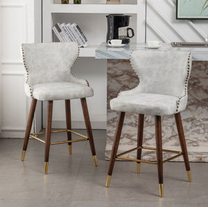 English Elm Nevis Mid-century Wingback Counter Stools Tufted Faux Suede Nailhead Walnut Legs Set Off-White T2574P165099