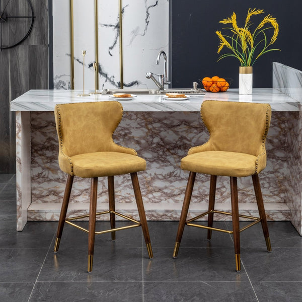 English Elm Nevis Mid-century Wingback Counter Stools Tufted Faux Suede Nailhead Walnut Legs Set Yellow T2574P165100