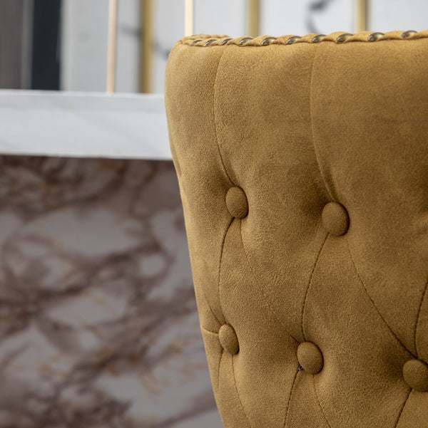 English Elm Nevis Mid-century Wingback Counter Stools Tufted Faux Suede Nailhead Walnut Legs Set Yellow T2574P165100