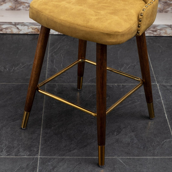 English Elm Nevis Mid-century Wingback Counter Stools Tufted Faux Suede Nailhead Walnut Legs Set Yellow T2574P165100