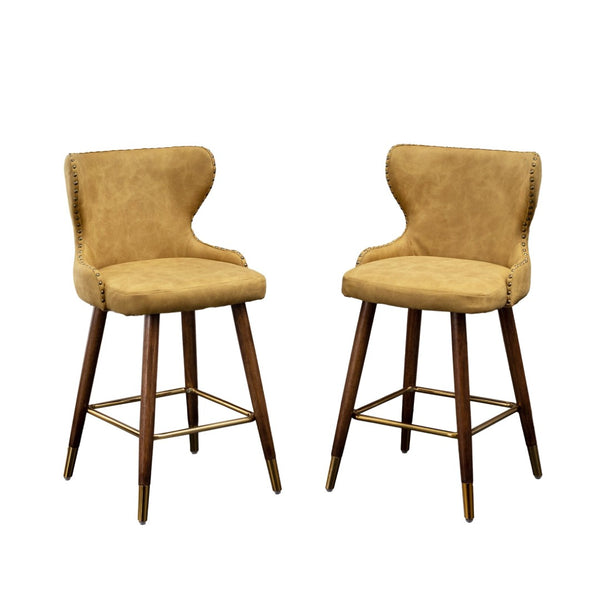 English Elm Nevis Mid-century Wingback Counter Stools Tufted Faux Suede Nailhead Walnut Legs Set Yellow T2574P165100