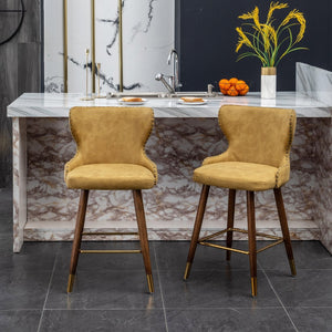English Elm Nevis Mid-century Wingback Counter Stools Tufted Faux Suede Nailhead Walnut Legs Set Yellow T2574P165100