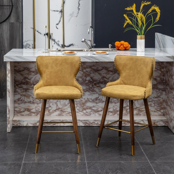 English Elm Nevis Mid-century Wingback Counter Stools Tufted Faux Suede Nailhead Walnut Legs Set Yellow T2574P165100