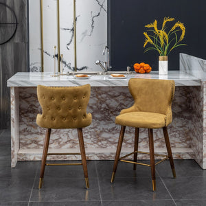English Elm Nevis Mid-century Wingback Counter Stools Tufted Faux Suede Nailhead Walnut Legs Set Yellow T2574P165100
