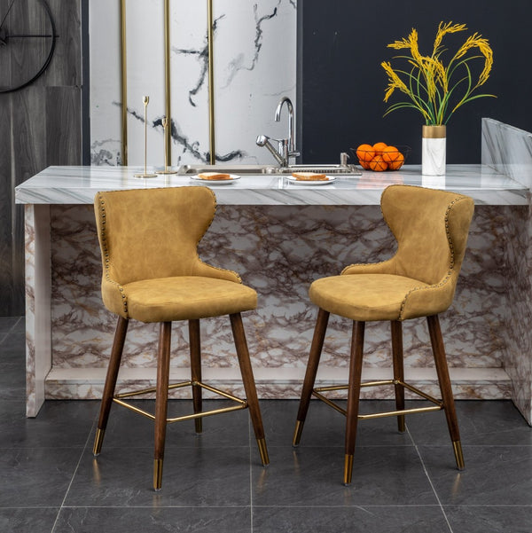 English Elm Nevis Mid-century Wingback Counter Stools Tufted Faux Suede Nailhead Walnut Legs Set Yellow T2574P165100
