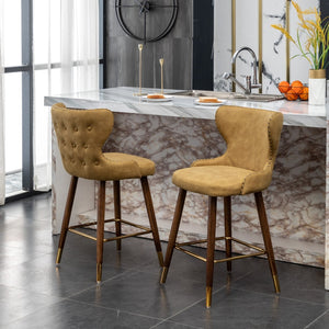 English Elm Nevis Mid-century Wingback Counter Stools Tufted Faux Suede Nailhead Walnut Legs Set Yellow T2574P165100