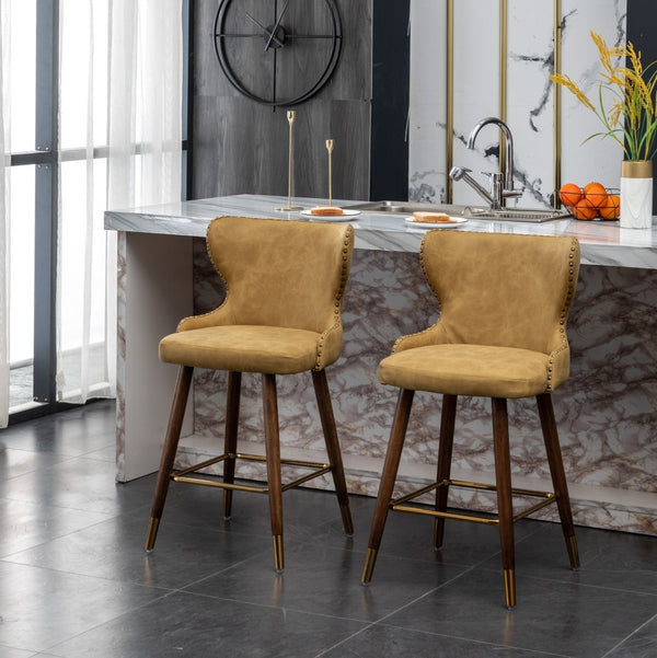 English Elm Nevis Mid-century Wingback Counter Stools Tufted Faux Suede Nailhead Walnut Legs Set Yellow T2574P165100