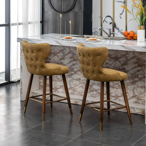 English Elm Nevis Mid-century Wingback Counter Stools Tufted Faux Suede Nailhead Walnut Legs Set Yellow T2574P165100