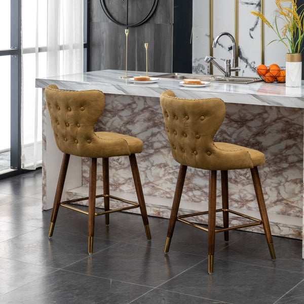 English Elm Nevis Mid-century Wingback Counter Stools Tufted Faux Suede Nailhead Walnut Legs Set Yellow T2574P165100