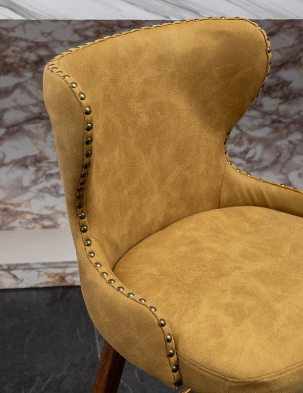 English Elm Nevis Mid-century Wingback Counter Stools Tufted Faux Suede Nailhead Walnut Legs Set Yellow T2574P165100