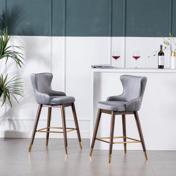 English Elm Leland Velvet Wingback Counter Stools Set of 2 with Channel Stitching and Walnut Legs T2574P165108