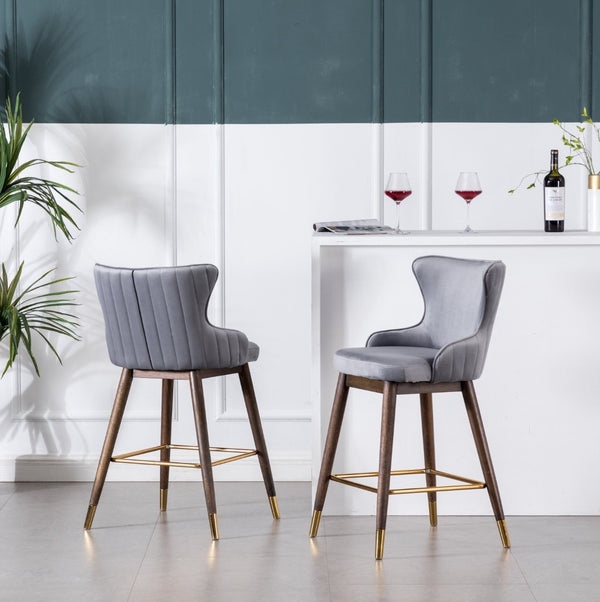 English Elm Leland Velvet Wingback Counter Stools Set of 2 with Channel Stitching and Walnut Legs T2574P165108