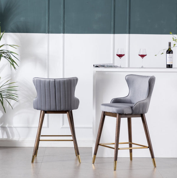 English Elm Leland Velvet Wingback Counter Stools Set of 2 with Channel Stitching and Walnut Legs T2574P165108
