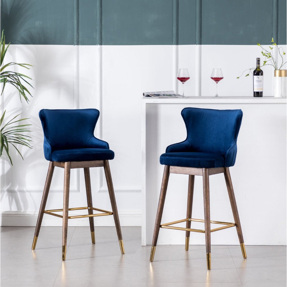 English Elm Leland Wingback Velvet Barstools Set of Two with Channel Stitching Mid-Century Style T2574P165110
