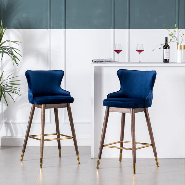 English Elm Leland Wingback Velvet Barstools Set of Two with Channel Stitching Mid-Century Style T2574P165110