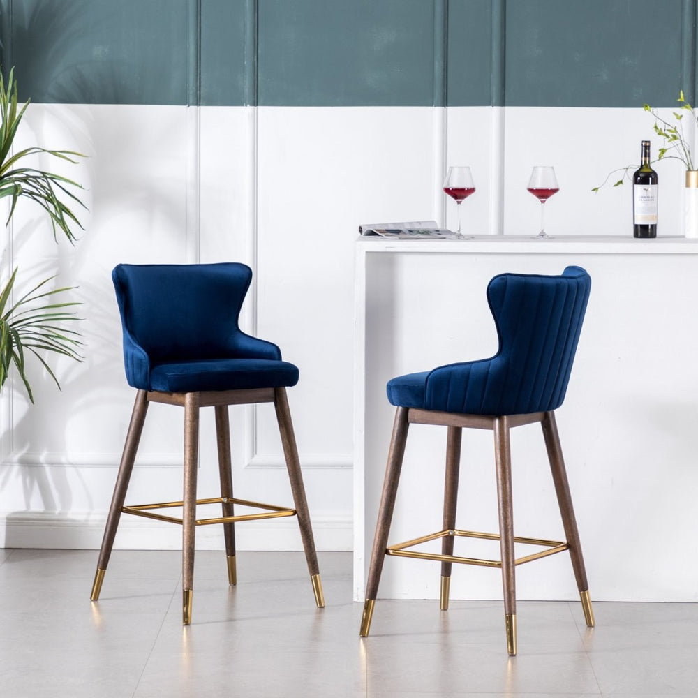 English Elm Leland Wingback Velvet Barstools Set of Two with Channel Stitching Mid-Century Style T2574P165110
