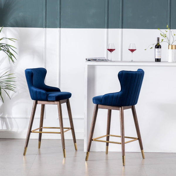 English Elm Leland Wingback Velvet Barstools Set of Two with Channel Stitching Mid-Century Style T2574P165110