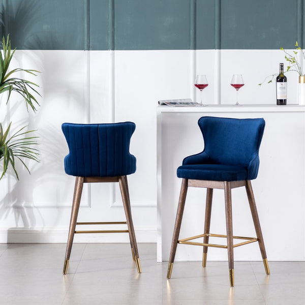English Elm Leland Wingback Velvet Barstools Set of Two with Channel Stitching Mid-Century Style T2574P165110