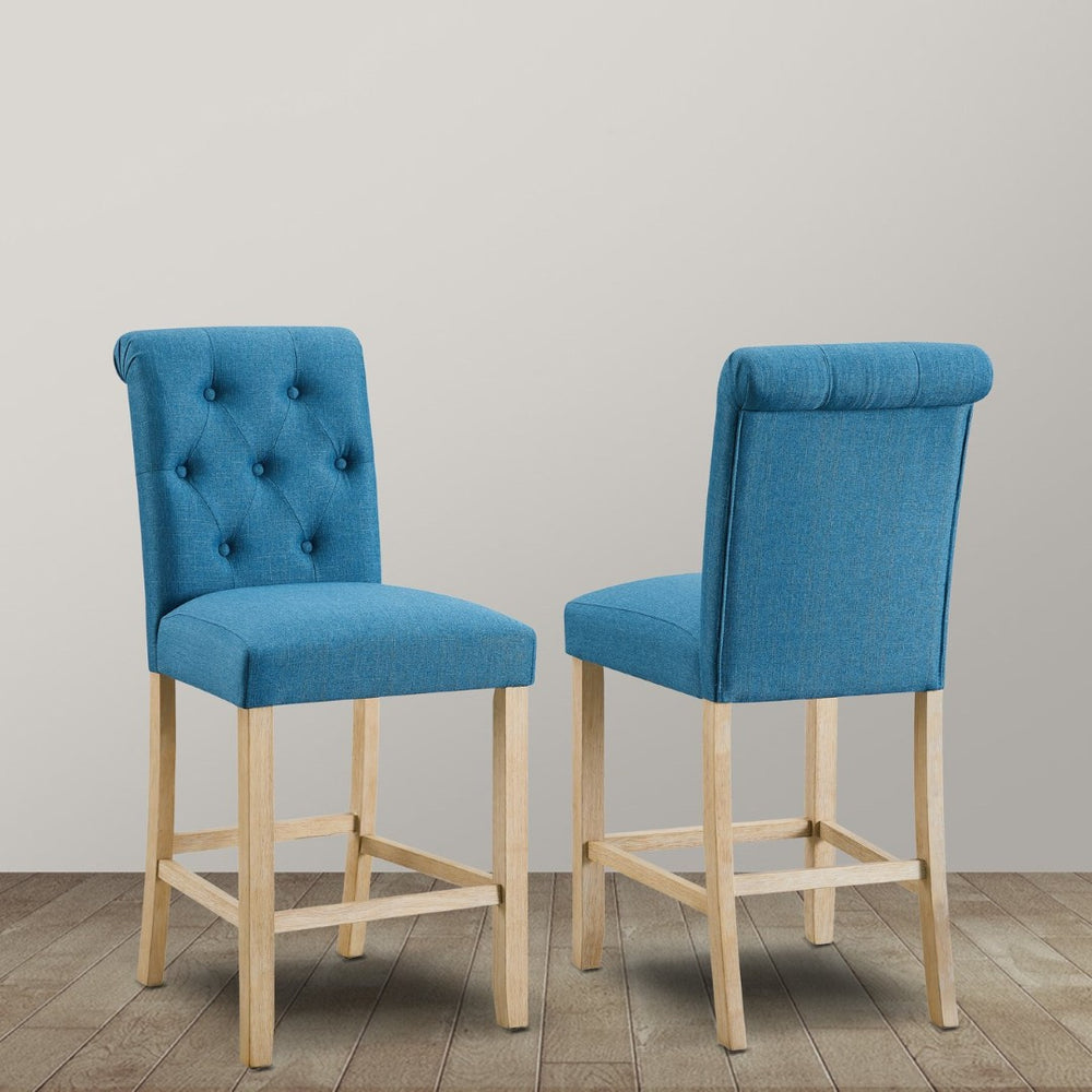 English Elm Siena Tufted Curved Back Linen Upholstered Counter Stools Set of 2 Wood Frame Blue T2574P165121