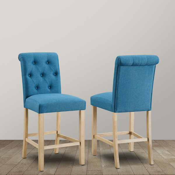 English Elm Siena Tufted Curved Back Linen Upholstered Counter Stools Set of 2 Wood Frame Blue T2574P165121