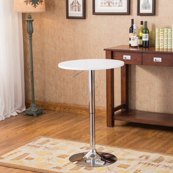 English Elm Adjustable Gas Lift Round Bar Table with Wood Top and Chrome Base for Modern Lofts White T2574P165129