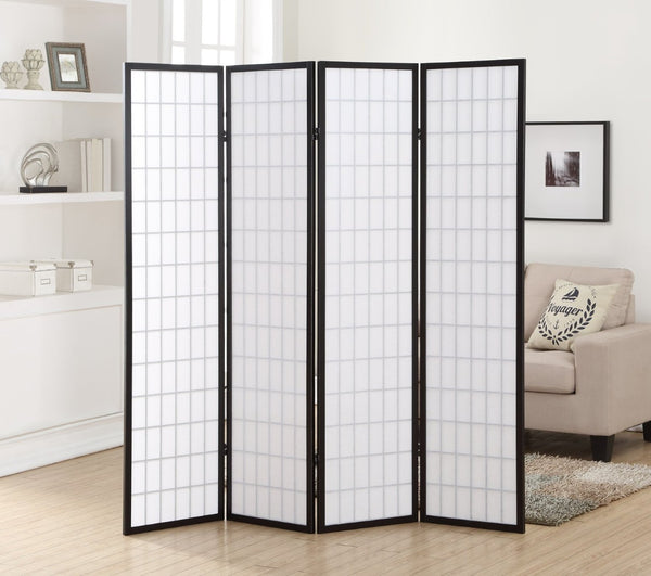 English Elm 4 Panel Japanese Shoji Folding Screen Lattice Frame Translucent Rice Paper Room Divider Black T2574P165138