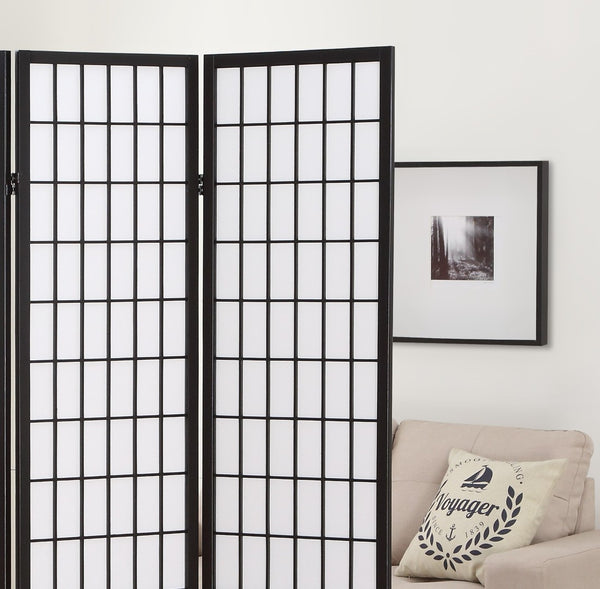 English Elm 4 Panel Japanese Shoji Folding Screen Lattice Frame Translucent Rice Paper Room Divider Black T2574P165138