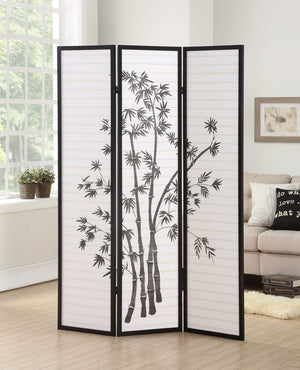 English Elm Roundhill Three Panel Folding Shoji Screen Black Lacquer Frame with Plant Print Detail T2574P165141