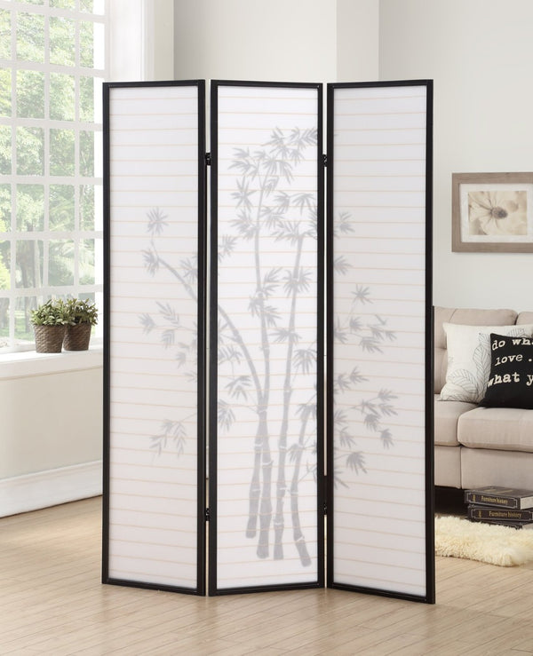 English Elm Roundhill Three Panel Folding Shoji Screen Black Lacquer Frame with Plant Print Detail T2574P165141