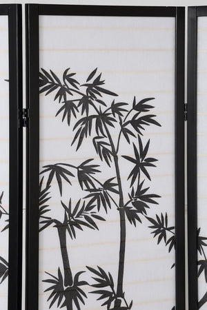 English Elm Roundhill Three Panel Folding Shoji Screen Black Lacquer Frame with Plant Print Detail T2574P165141