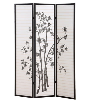 English Elm Roundhill Three Panel Folding Shoji Screen Black Lacquer Frame with Plant Print Detail T2574P165141