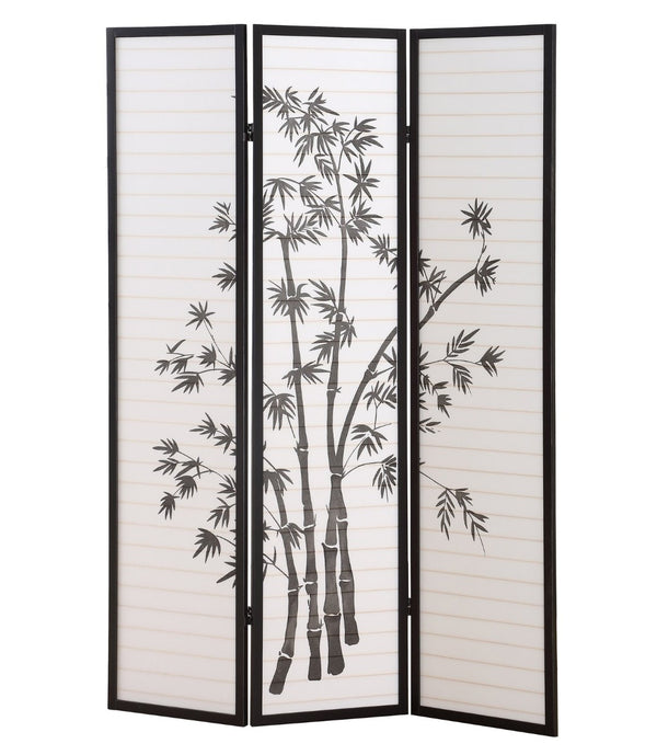 English Elm Roundhill Three Panel Folding Shoji Screen Black Lacquer Frame with Plant Print Detail T2574P165141