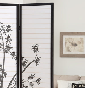 English Elm Roundhill Three Panel Folding Shoji Screen Black Lacquer Frame with Plant Print Detail T2574P165141