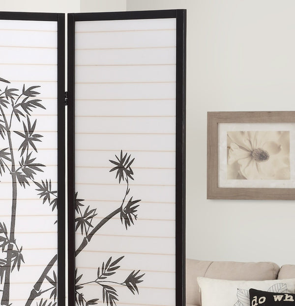 English Elm Roundhill Three Panel Folding Shoji Screen Black Lacquer Frame with Plant Print Detail T2574P165141